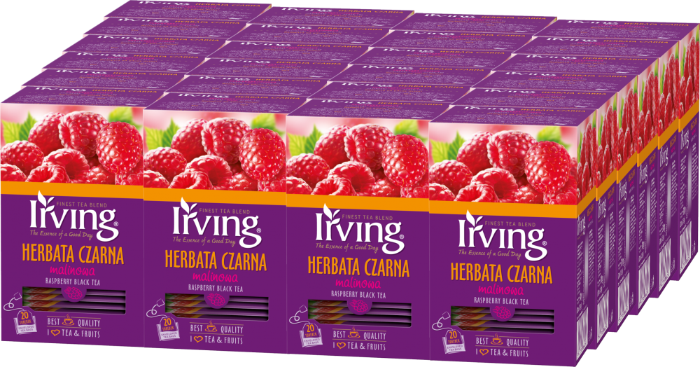 24x Herbata czarna aromatyzowana w kopertach Irving, malina, 20 sztuk x 1.5g