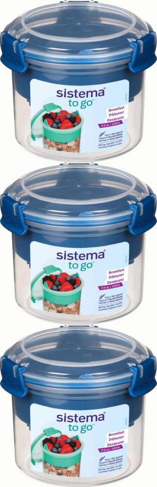 3x Lunchbox na śniadanie Sistema Breakfast To Go, z łyżeczką, 530ml, granatowy