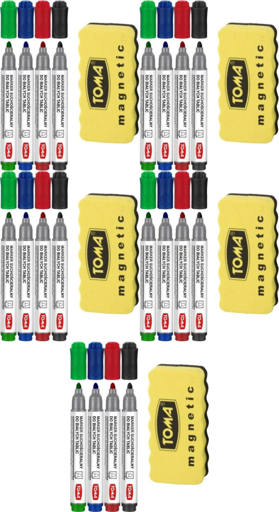 5x Marker suchościeralny Toma, okrągła, 2mm, 4 sztuki, mix kolorów + gąbka magnetyczna