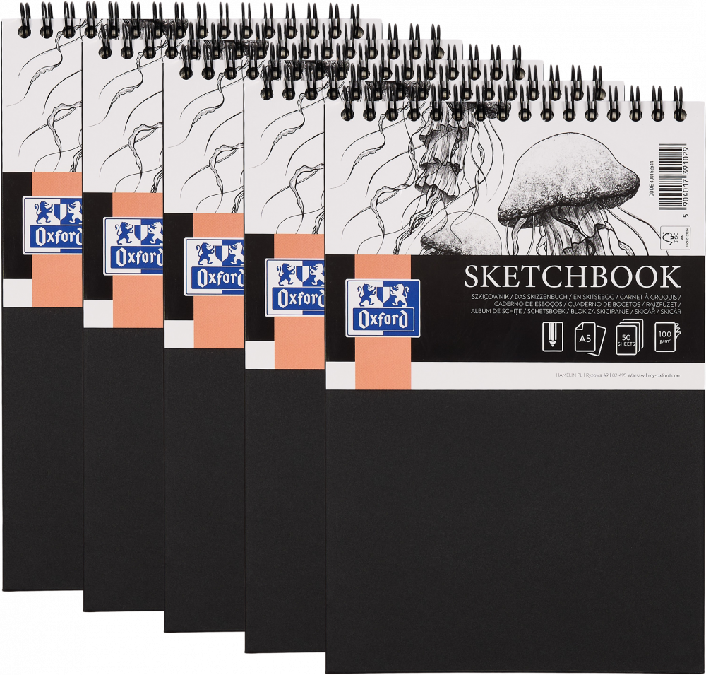 5x Szkicownik Oxford Sketchbook, A5, 50 kartek, podwójna spirala, biały