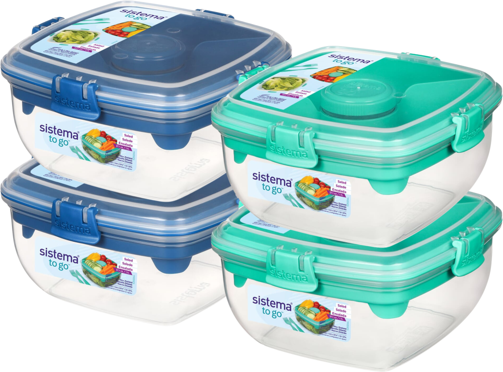 4x Lunchbox na sałatkę Sistema Salad To Go, z nożem i widelcem, 1.1l, mix kolorów