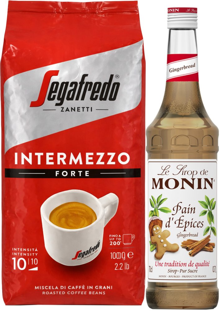 Zestaw: Kawa ziarnista Segafredo Intermezzo, 1kg + Syrop Monin, piernikowy, 700ml