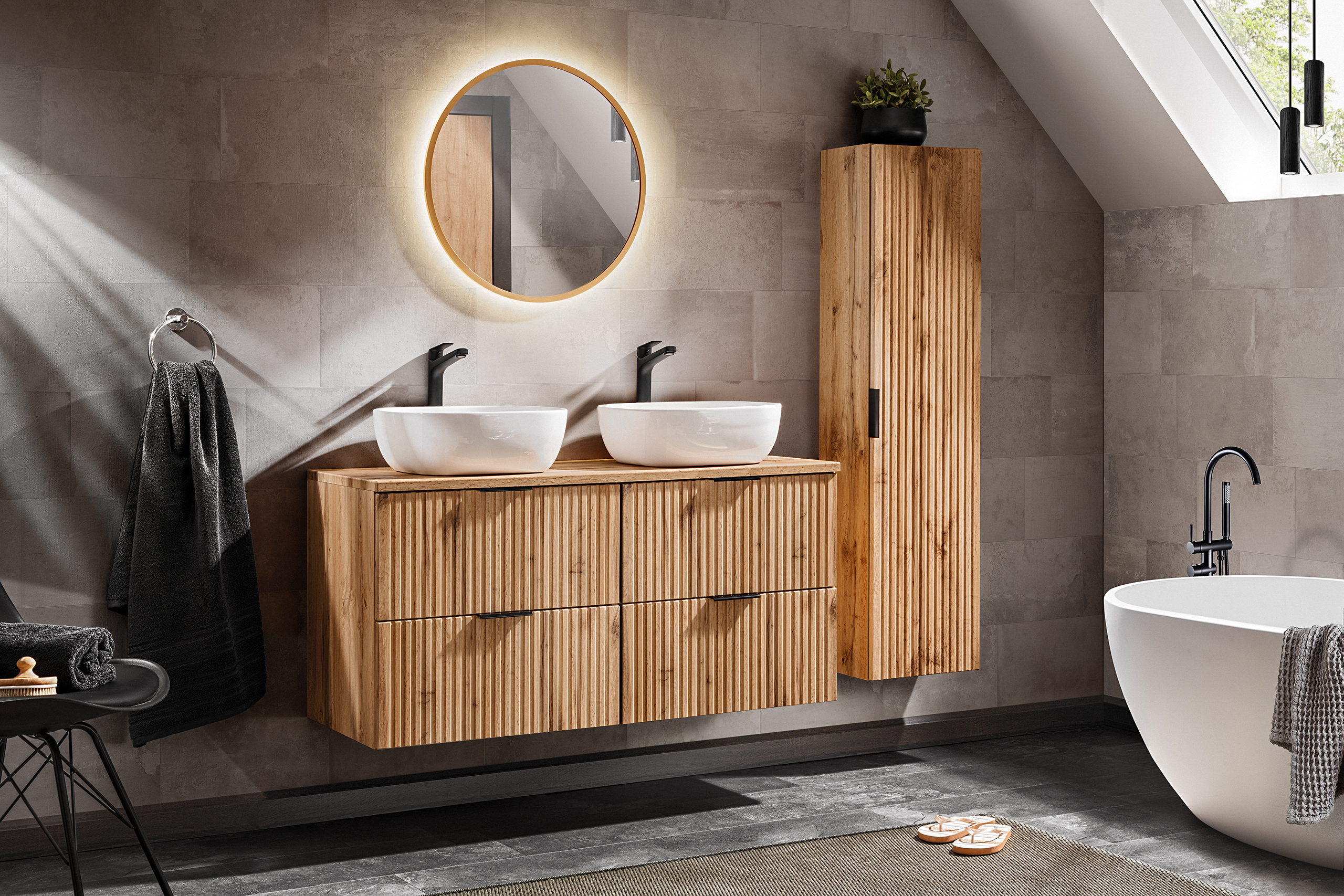Zestaw Comad Adel Oak szafka 60x46cm podumywalkowa wisząca dąb z blatem, umywalką, szafką boczną i lustrem SET -ADO B 120 CM SMILE 40 2