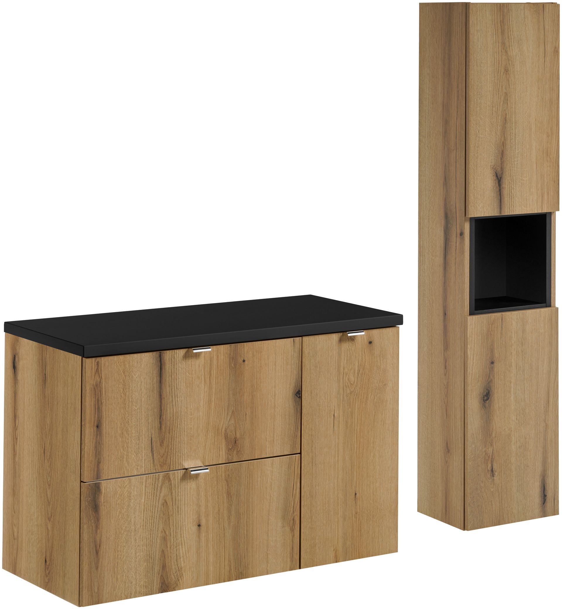 Zestaw Comad Nova Oak/Black szafka z blatem 60 cm z szafką boczną wysoką i regałem dąb/czarny SET-NOA B BLACK 90CM S HC