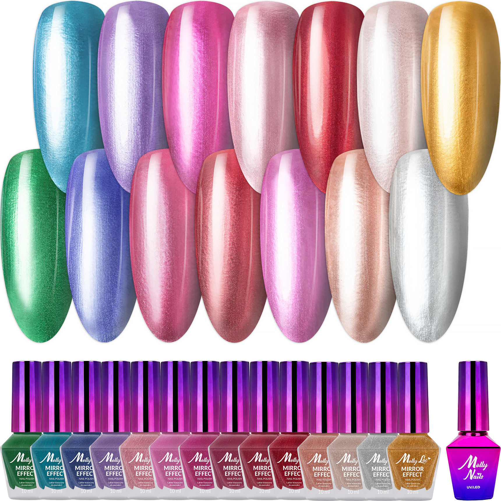14x Lakier Klasyczny MOLLYLAC 10g Efekt Mirror Chrome Metalic Lustrzany + Top