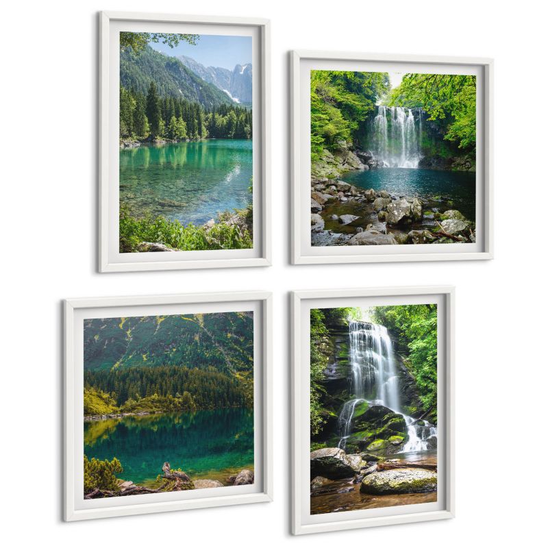 Zestaw Obrazów 4 Częściowy ArtPrintCave (2x50x50+2x40x60cm) Biała rama Wodospady w zielonym otoczeniu 1 kpl.