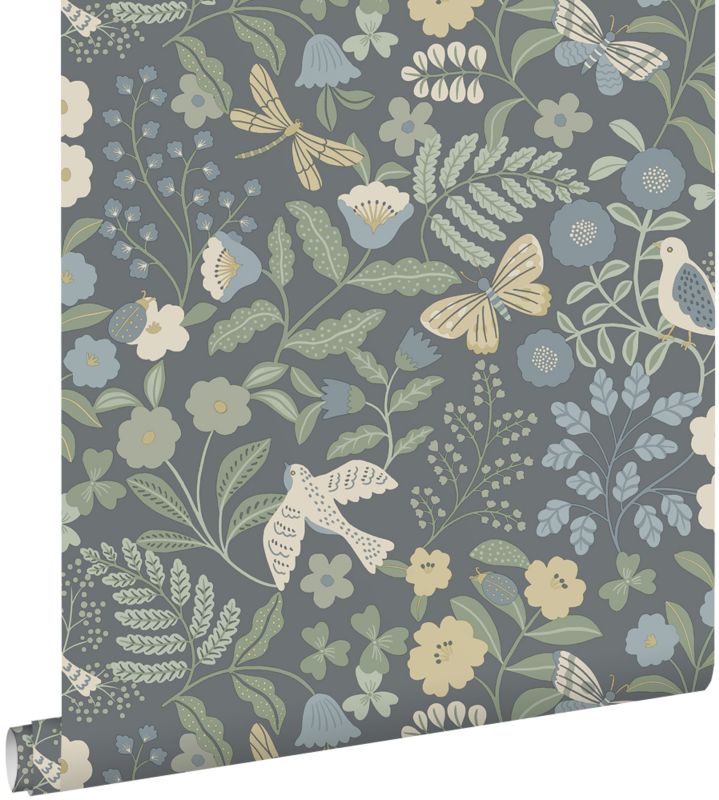Tapeta ESTAhome kwiaty i ptaki niebieskimIzielonym 50 x 900 cm - 1 rol.