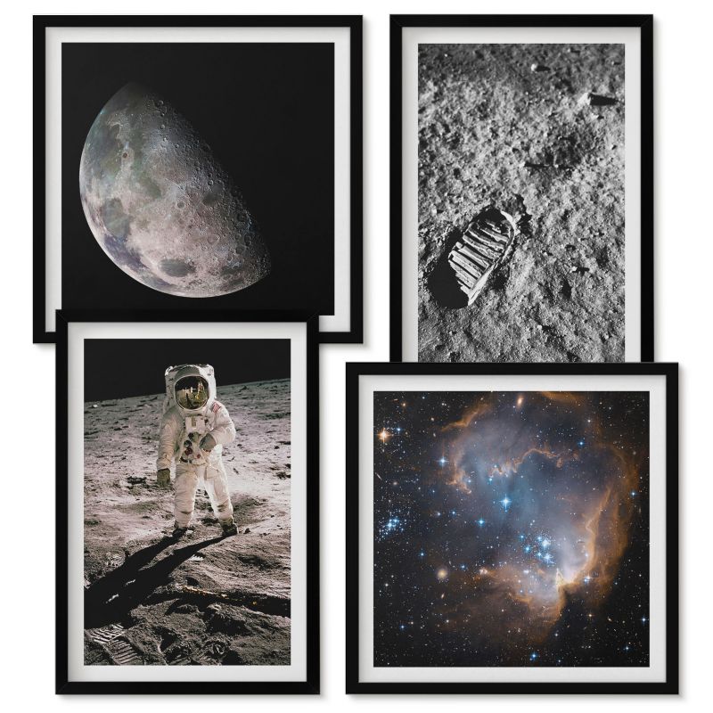 Set Obrazów w Ramie Wallfluent Astronauta Księżyc ślad zdjęcie Czarna rama 4 szt.
