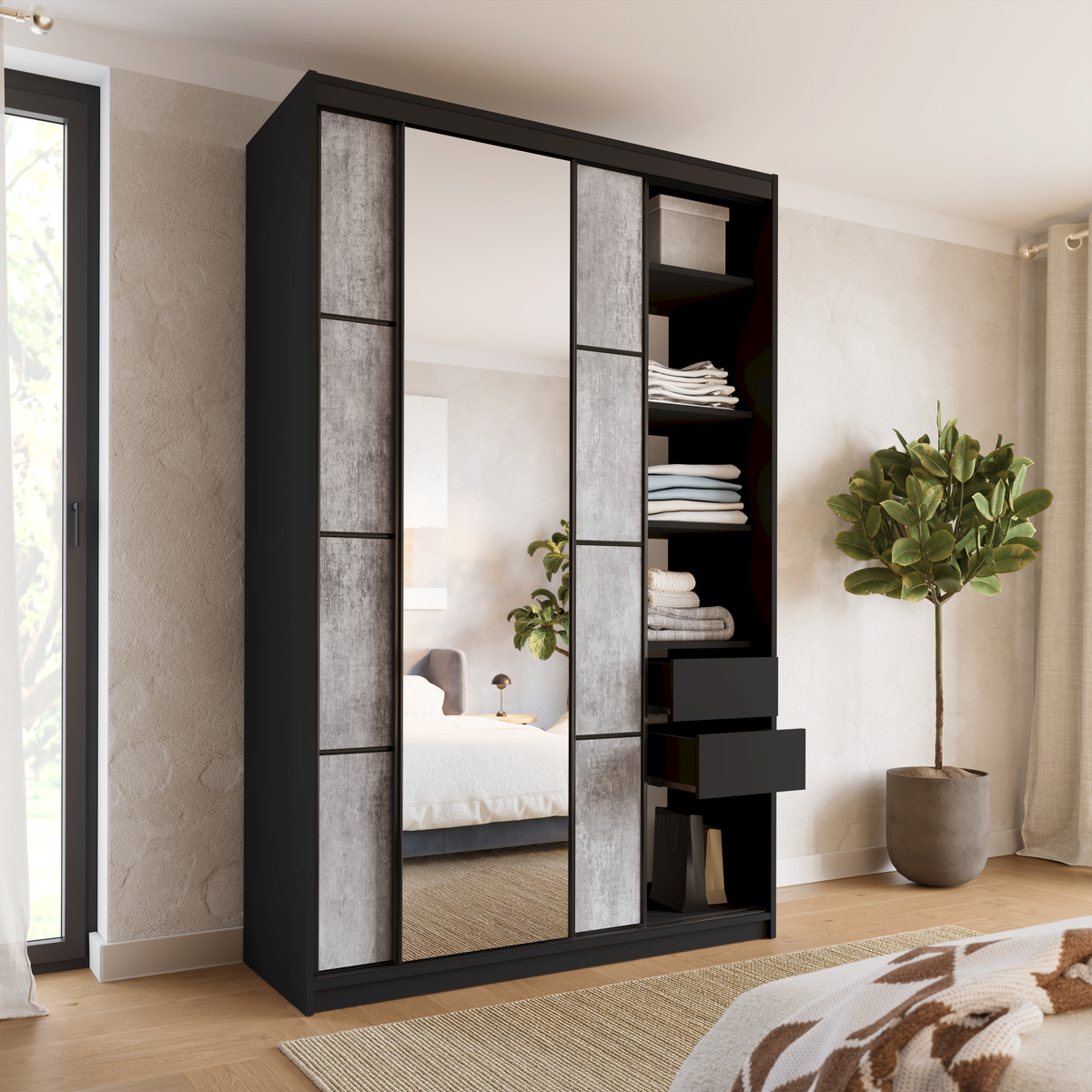 Wysoka szafa przesuwna z lustrem 150 cm LOFT MAX beton