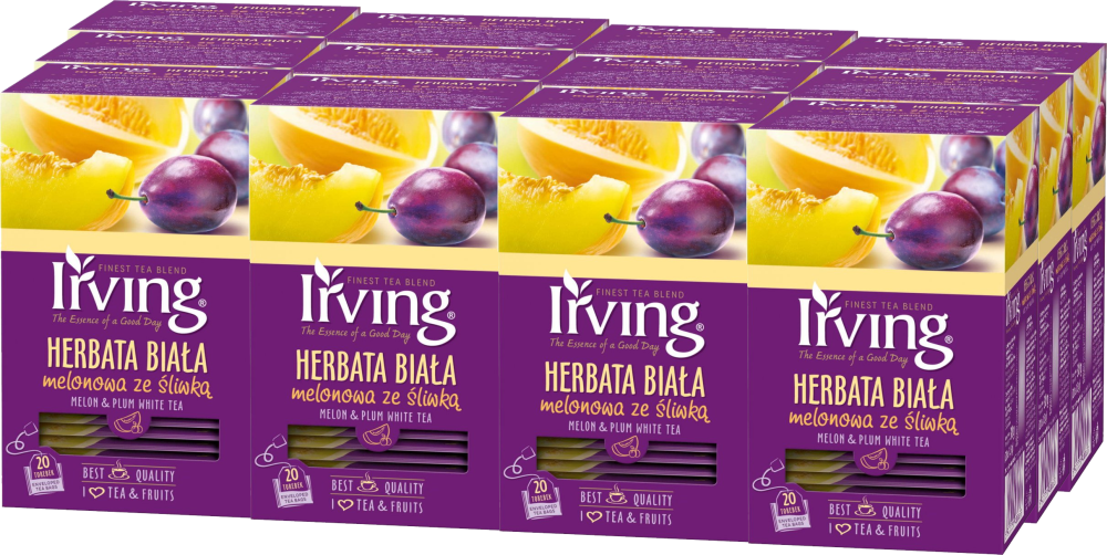 12x Herbata biała smakowa w kopertach Irving, melonowa ze śliwką, 20 sztuk x 1.5g