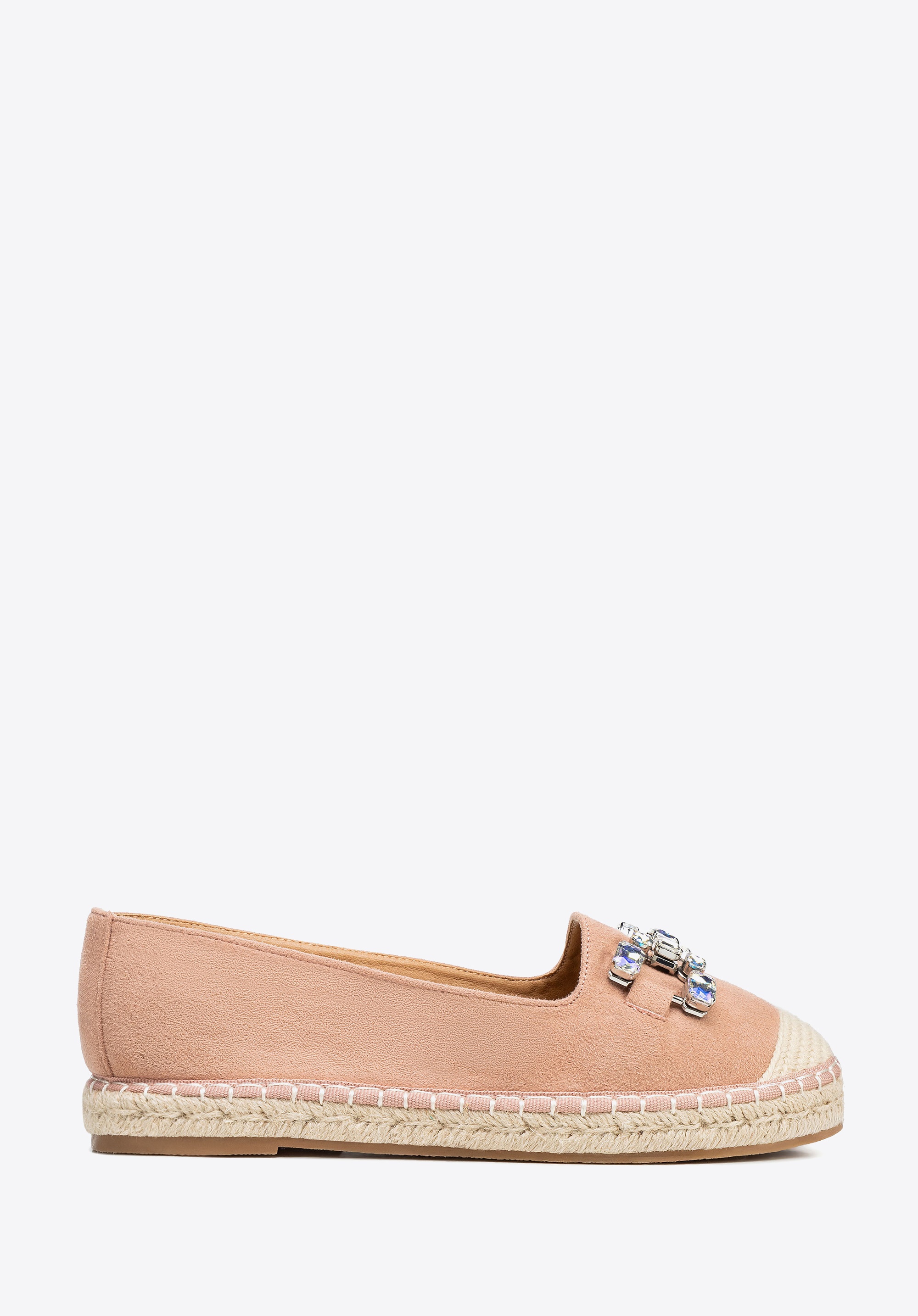 Damskie espadryle z biżuteryjną ozdobą beżowo - różowe