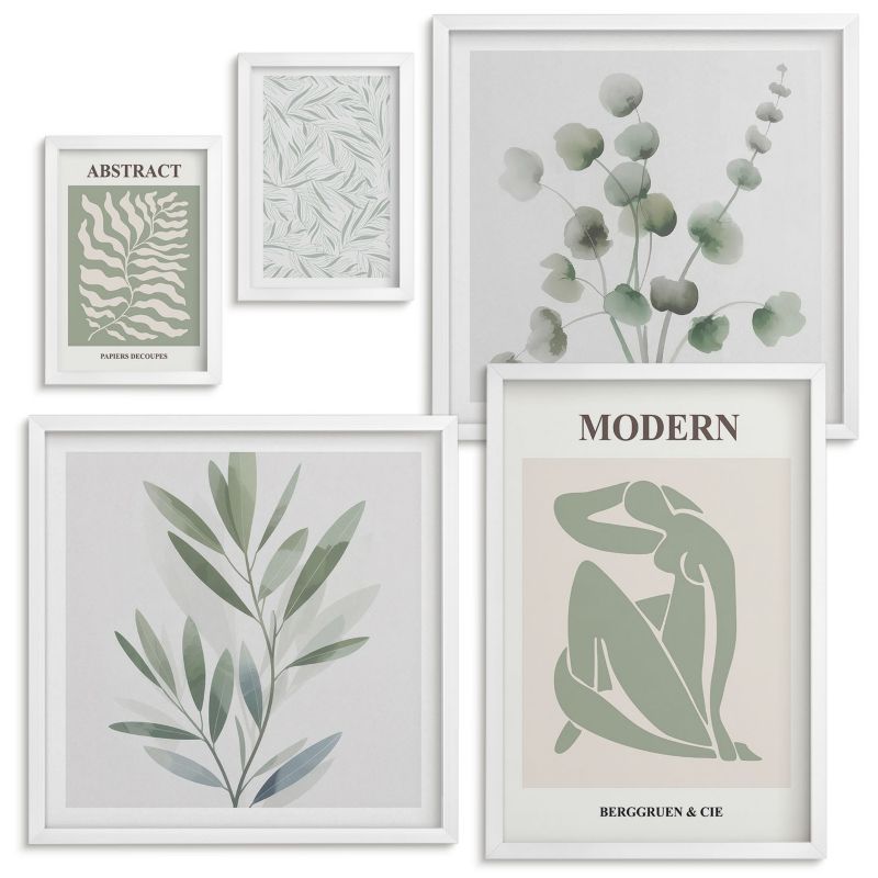 Set Obrazów w Ramie Wallfluent Wzornictwo Matisse rośliny boho Biała rama 5 szt.