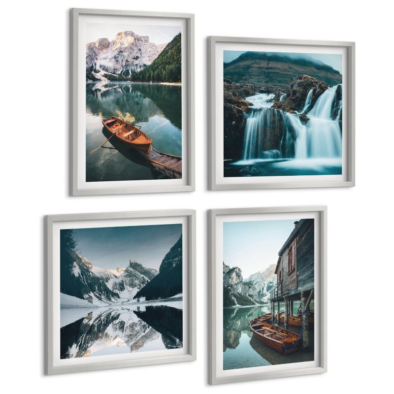 Czteroczęściowy Zestaw Obrazów ArtPrintCave (2x50x50+2x40x60cm) Srebrna rama Górskie jeziora łodzie odbicie 1 kpl.