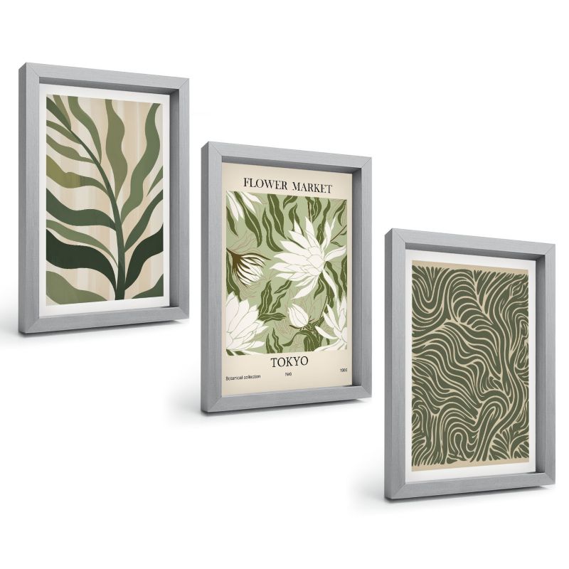 Zestaw Obrazów 3 Częściowy ArtPrintCave Srebrne Ramki 20x30 cm Dekoracja do Sypialni Roślinne wzory boho dekoracje 1 kpl.