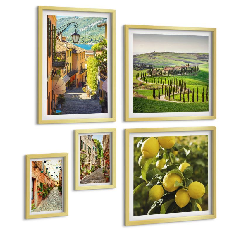 Galeria 5 Obrazów ArtPrintCave (2x50x50+2x20x30+40x60cm) Złota rama Nowojorskie pejzaże cytat 1 kpl.