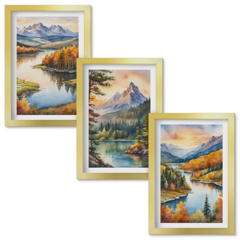 Obraz Ścienny Zestaw Wallfluent Górskie pejzaże z rzeką Złota rama 20x30cm 3 szt.