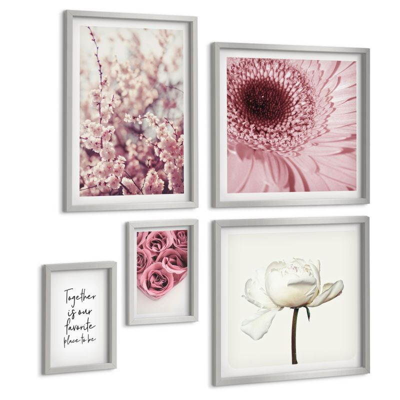 Galeria 5 Obrazów ArtPrintCave (2x50x50+2x20x30+40x60cm) Srebrna rama Kwiaty bukiety róż napis domowy 1 kpl.