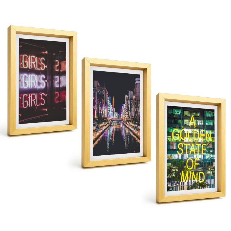 Galeria 3 Obrazów w Złotej Ramie ArtPrintCave 20x30 cm Komplet ścienny Neonowe napisy rzeka nocą 1 kpl.