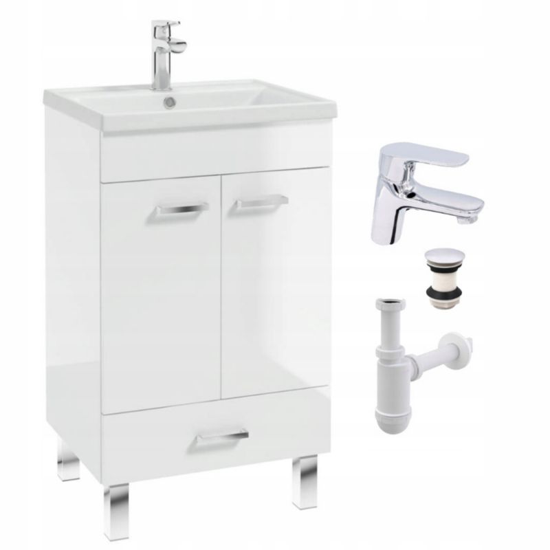 Szafka Łazienkowa Stamar z Umywalką 500 x 400 mm Biała Połysk Stojąca Bateria Chrom 1 szt