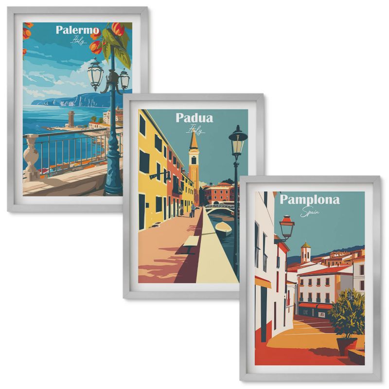 Tryptyk Obrazów w Ramie Wallfluent Miasta retro ilustracje Srebrna rama 40x60 cm 3 szt.
