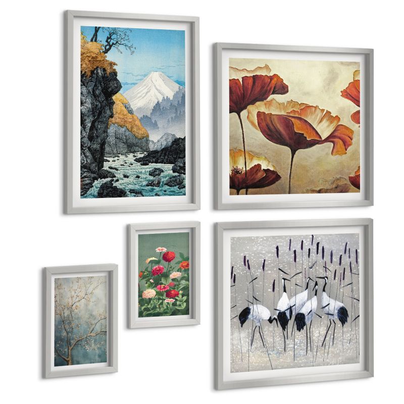 Pięcioczęściowy Zestaw Obrazów ArtPrintCave (2x50x50+2x20x30+40x60cm) Srebrna rama Rośliny tropikalne Plant Lady 1 kpl.