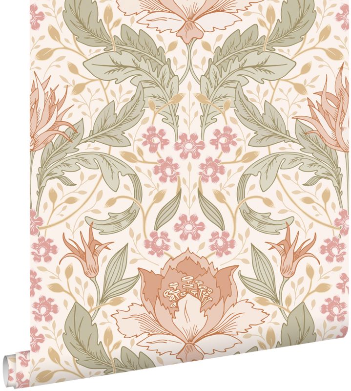 Tapeta ESTAhome vintage kwiaty w stylu secesyjnym beżowym,różowymIzielonym 50 x 900 cm - 1 rol.