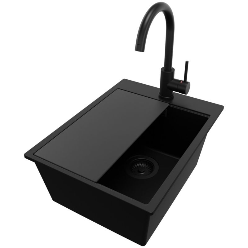 Zlewozmywak Granitowy Oslo Top PRIMAGRAN Nablatowy 38x50cm do Szafki od 40cm, Cały Czarny + Bateria + Syfon + Deska, S108, 1 szt.