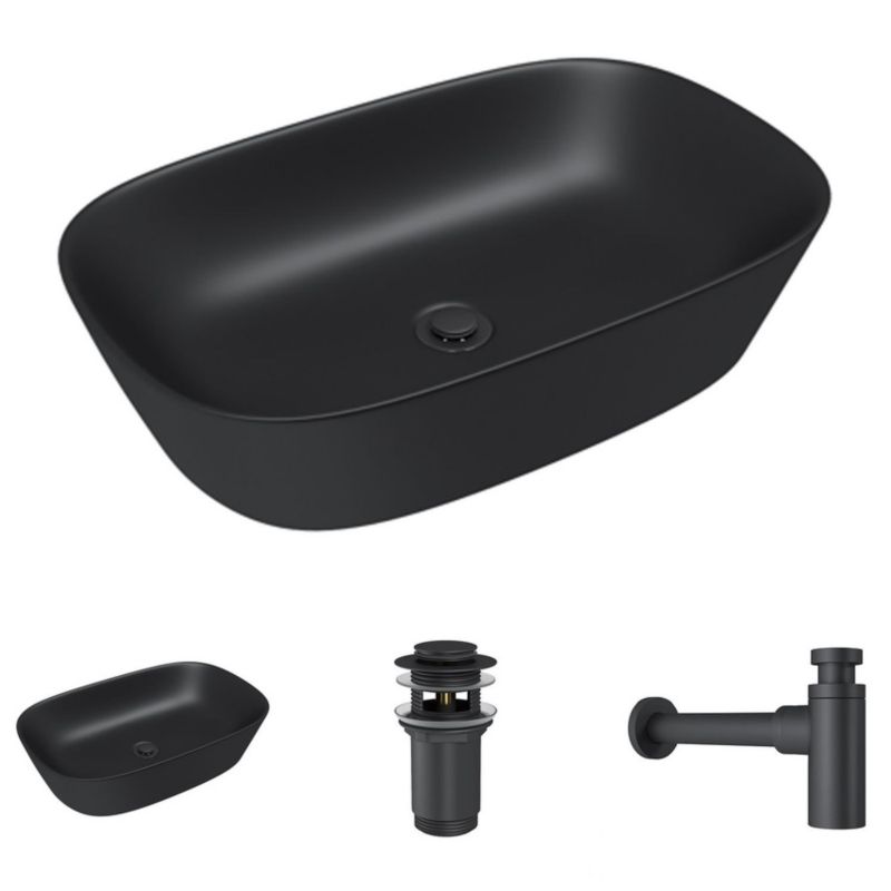 Umywalka nablatowa Helmken 39360001 (60x38) Czarna + Syfon Czarny Mat + Korek klik-klak Czarny Mat, 1 kpl