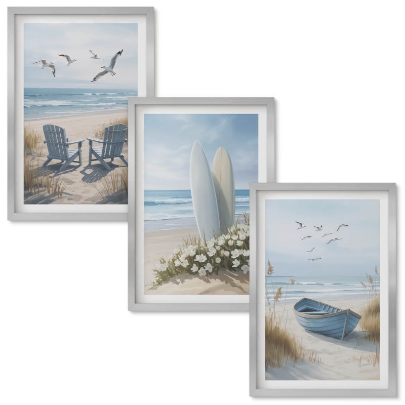 Zestaw Obrazów w Ramie Wallfluent Plaża deski surfingowe ptaki Srebrna rama 40x60 cm 3 szt.