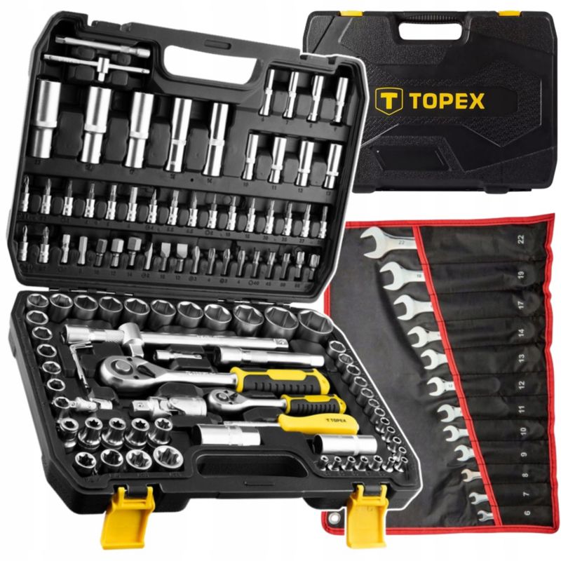Klucze Nasadowe 110 el 1/4 1/2 Walizka TOPEX + Klucze Płasko Oczkowe 12 szt