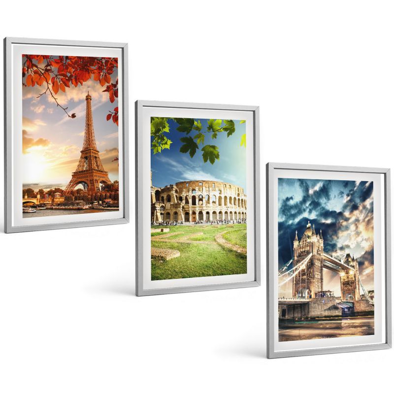 Komplet 3 Obrazów w Srebrnej Ramie ArtPrintCave 40x60 cm Grafika Ścienna Zabytki Europy 1 kpl.