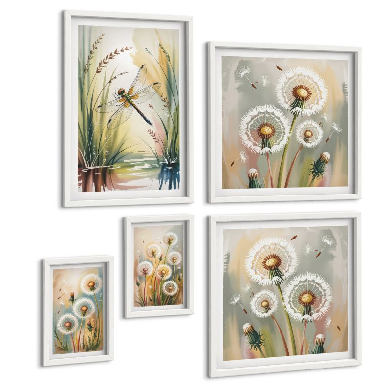 Zestaw 5 Obrazów ArtPrintCave (2x50x50+2x20x30+40x60cm) Biała rama Kwiaty dmuchawców pastelowe 1 kpl.