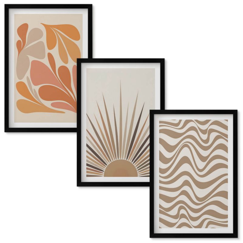 Zestaw obrazów Wallfluent Słońce boho pastelowe kształty Czarna rama 40x60 cm 3 szt.