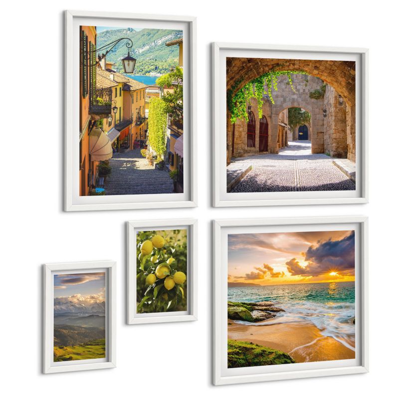 Komplet 5 Obrazów ArtPrintCave (2x50x50+2x20x30+40x60cm) Biała rama Malownicze uliczki morza plaża 1 kpl.