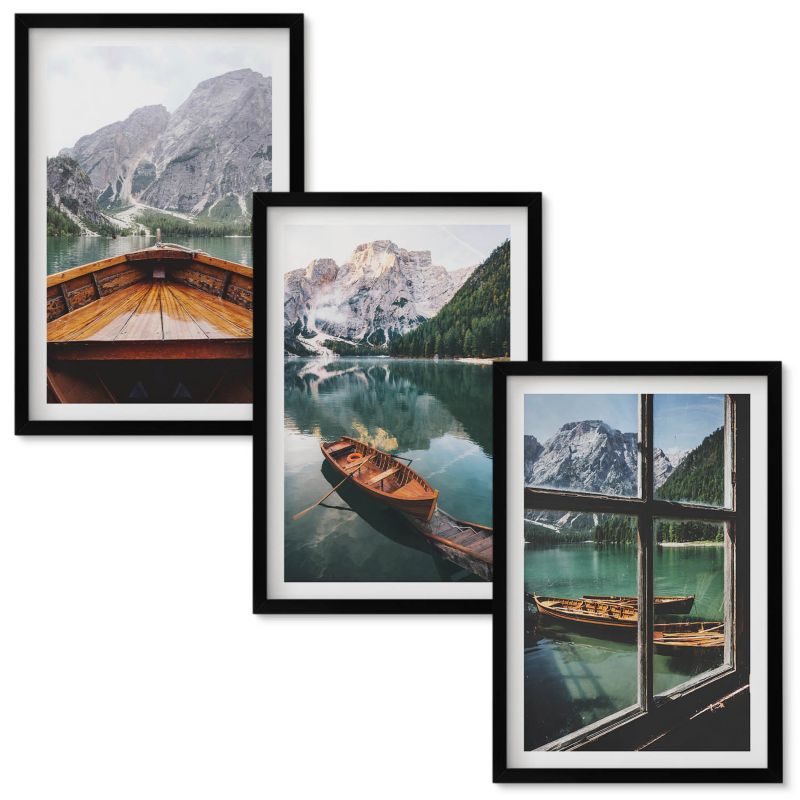 Zestaw Obrazów w Ramie Wallfluent Górskie jezioro łodzie okno Czarna rama 40x60 cm 3 szt.