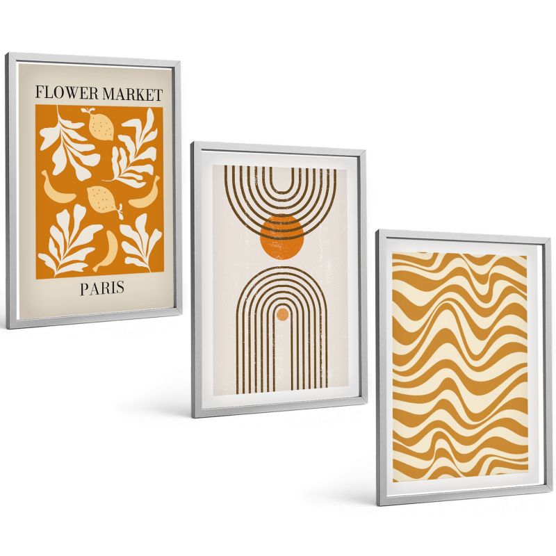 Komplet 3 Obrazów w Srebrnej Ramie ArtPrintCave 40x60 cm Grafika Ścienna Wzory roślinne geometryczne postery 1 kpl.