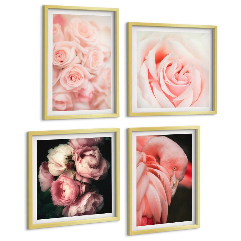 Komplet 4 Obrazów ArtPrintCave (2x50x50+2x40x60cm) Złota rama Pastelowe róże flamingi 1 kpl.