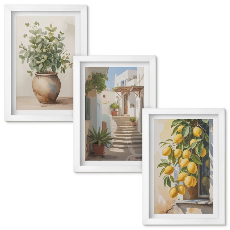 Zestaw obrazów Wallfluent Rośliny donice cytryny uliczka Biała rama 20x30cm 3 szt.