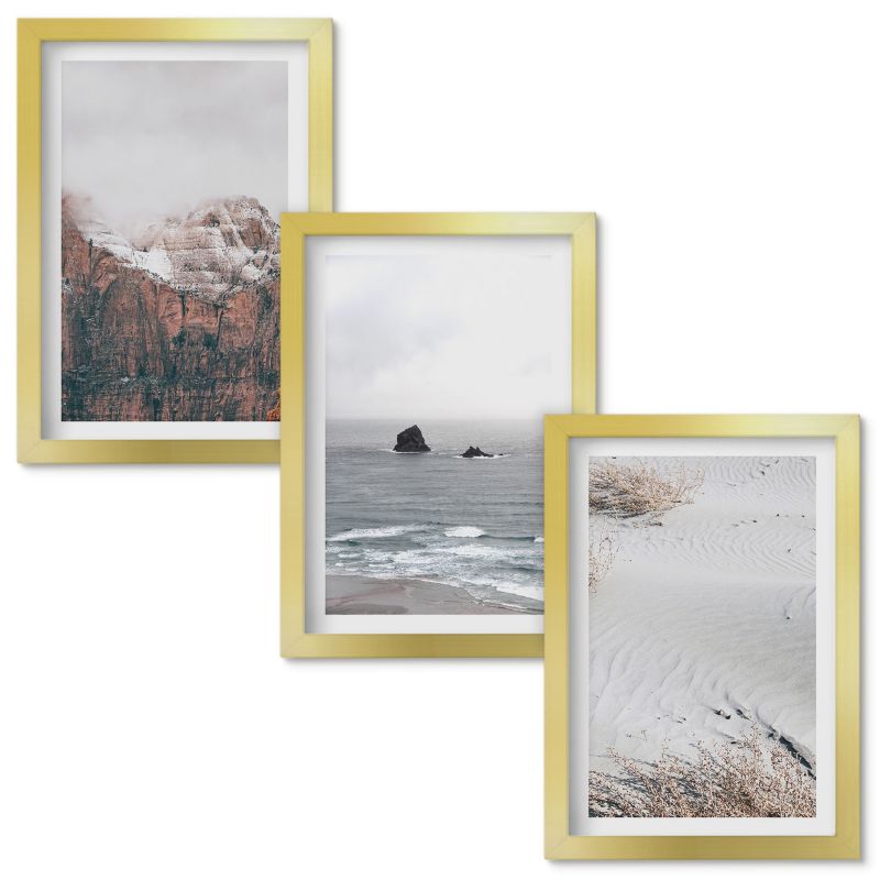 Obraz Ścienny Zestaw Wallfluent Góry chmury morze piasek natura Złota rama 20x30cm 3 szt.