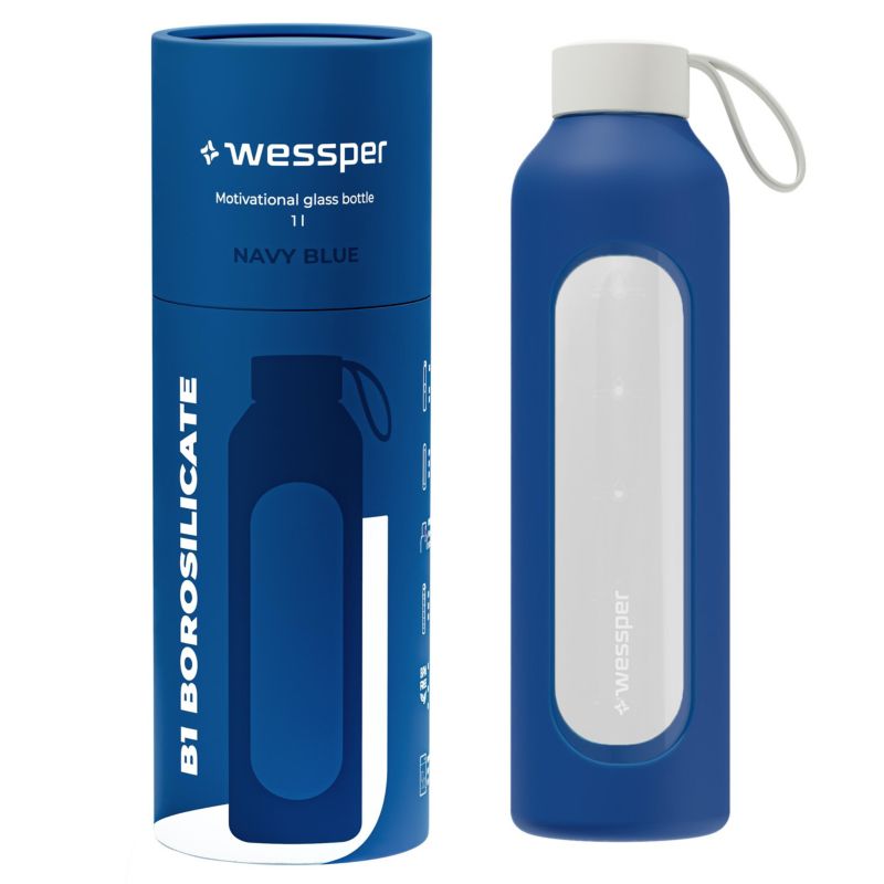 Butelka na wodę, Wessper B1, motywacyjna, z miarką, z etui silikonowym, szkło borokrzemowe, bidon, 1000ml, niebieski, 1szt