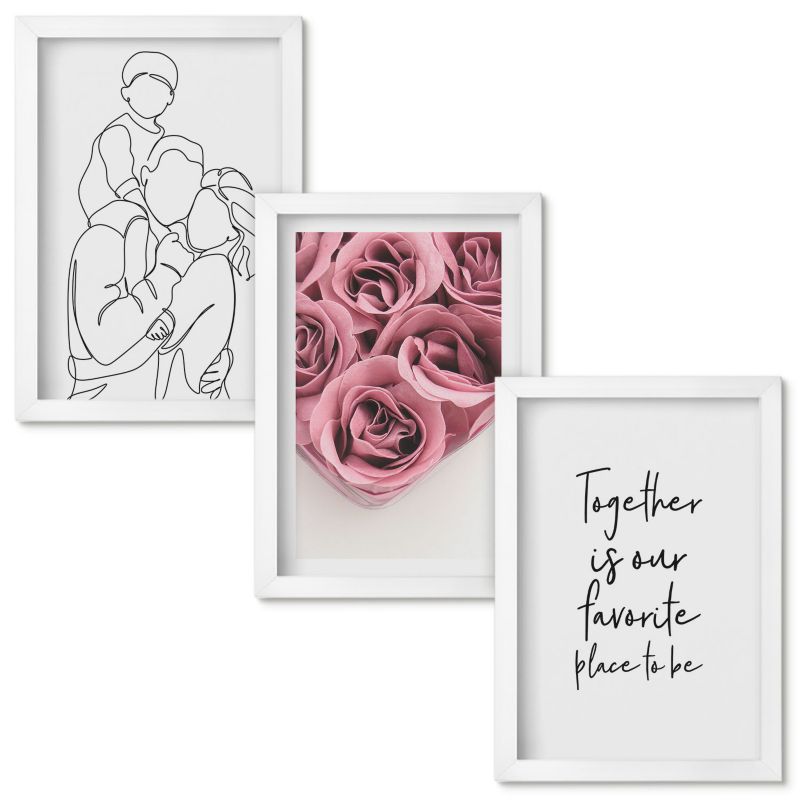 Set Obrazów w Ramie Wallfluent Rodzina line-art bukiety róż Biała rama 20x30cm 3 szt.