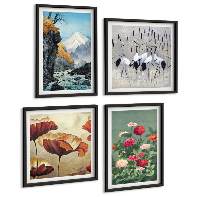 Zestaw 4 Obrazów ArtPrintCave (2x50x50+2x40x60cm) Czarna rama Góry wodospad ptaki kwiaty 1 kpl.