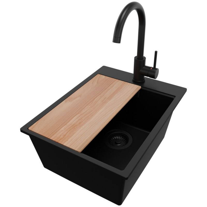 Zlewozmywak Granitowy Oslo Top PRIMAGRAN Nablatowy 38x50cm do Szafki od 40cm, Cały Czarny + Bateria + Syfon + Deska, S084, 1 szt.