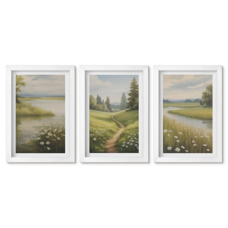Zestaw 3 obrazów pionowych Tulup 20x30 cm Wiosenny krajobraz rzeka łąka Obrazy w białej ramie 1 kpl
