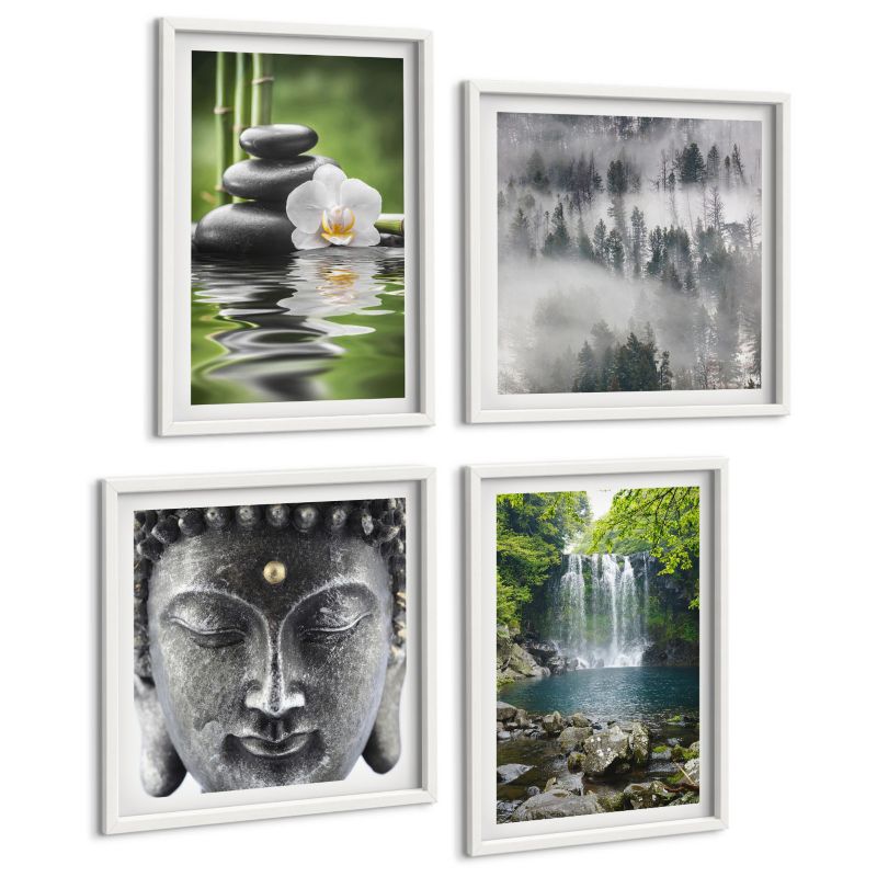 Komplet 4 Obrazów ArtPrintCave (2x50x50+2x40x60cm) Biała rama Harmonia natury kamienie woda Budda 1 kpl.