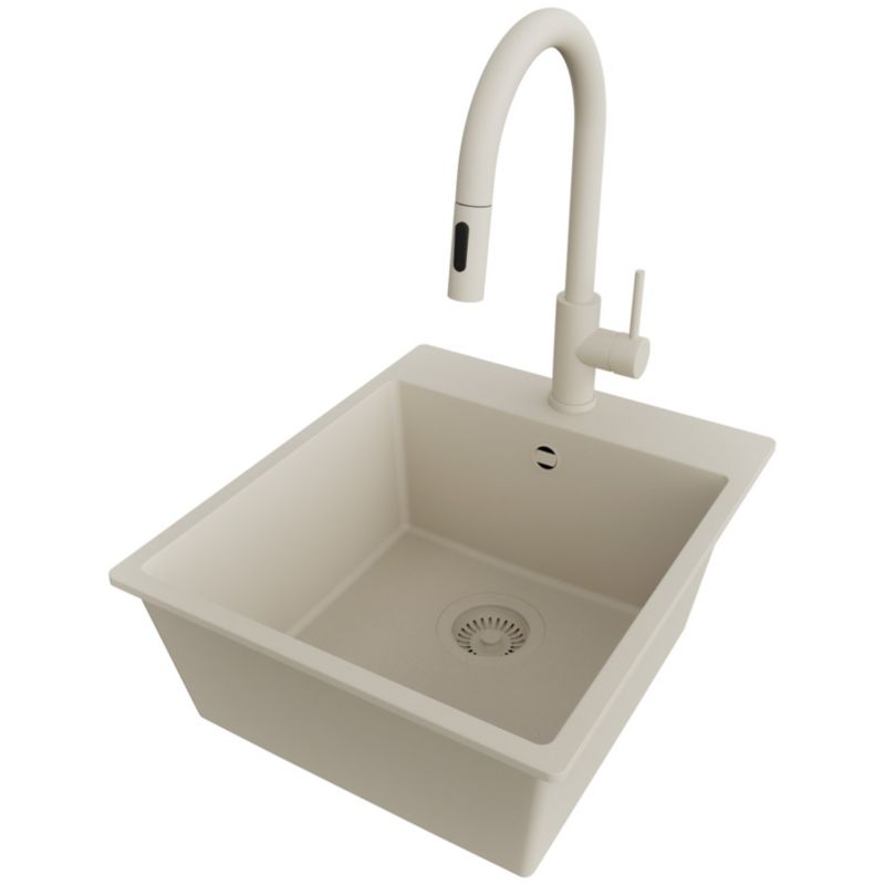 Zlewozmywak Granitowy Ryga PRIMAGRAN Nablatowy 43x50cm do Szafki od 45cm, Cały Beżowy + Bateria 40x20cm + Syfon, S150, 1 szt.