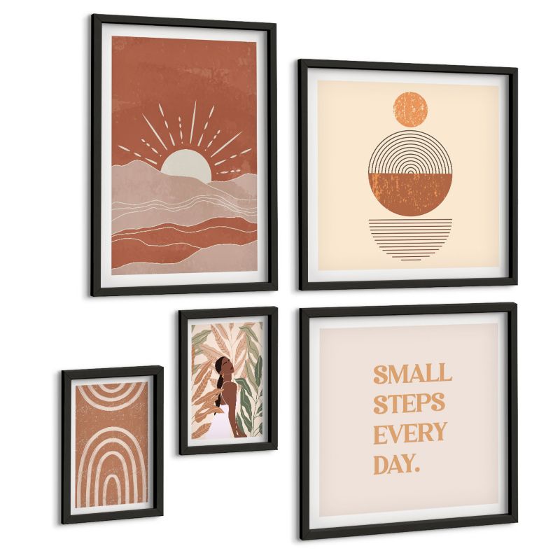 Pięcioczęściowy Zestaw Obrazów ArtPrintCave (2x50x50+2x20x30+40x60cm) Czarna rama Relaksujący Budda na plaży 1 kpl.
