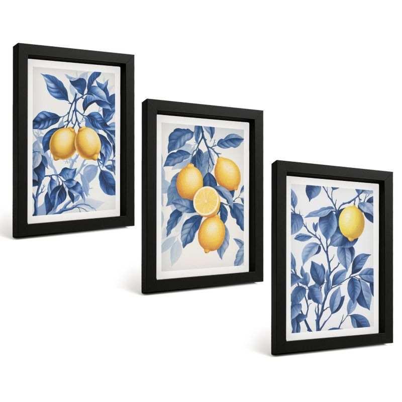 Galeria 3 Obrazów w Czarnej Ramie ArtPrintCave 20x30 cm Komplet ścienny Cytryny gałęzie niebieskie liście 1 kpl.