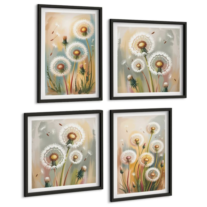 Zestaw Obrazów 4 Częściowy ArtPrintCave (2x50x50+2x40x60cm) Czarna rama Kwiaty dmuchawców pastelowe trawy 1 kpl.