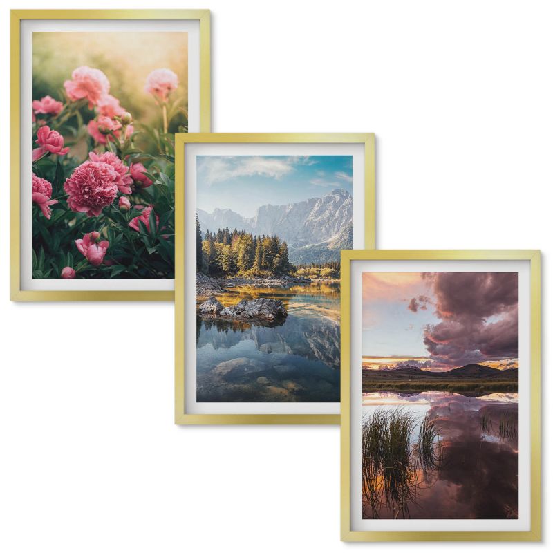 Obrazy Do Sypialni Wallfluent Kwiaty ogród góry woda Złota rama 40x60 cm 3 szt.